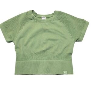 JoyLab Green Grass Mesh Eyelet Crochet Crop Top Womens‎ M Smocked Ribbed Y2K